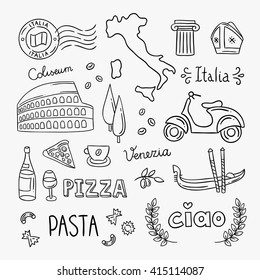 Italy hand drawn icons and vector illustrations. Italy pizza, pasta, travel icons, architecture, food, drink. Italian symbols outline drawing clipart