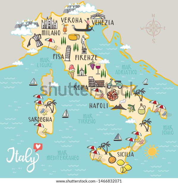Italy Hand Drawn Illustration Map Landmarks Stock Vector (Royalty Free ...