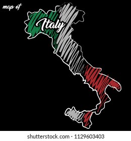 Italy. Hand drawn vector map, sketch style, hand drawn. Flag of the country, stylized concept, green, white, red. Travels. 