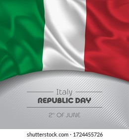 Italy happy republic day greeting card, banner vector illustration. Italian national holiday 2nd of June square design element with waving flag