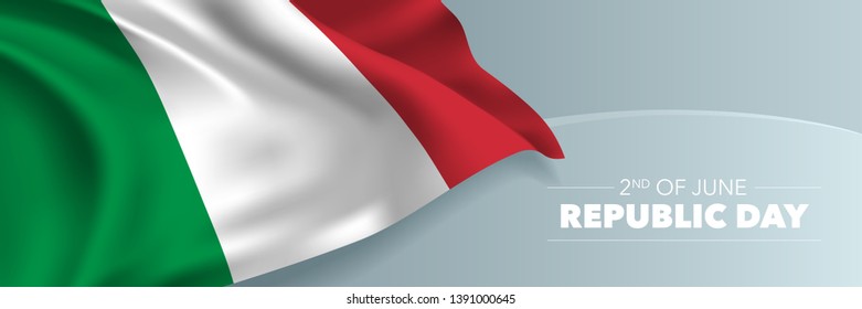 Italy happy republic day vector banner, greeting card. Italian wavy flag in 2nd of June national patriotic holiday horizontal design 