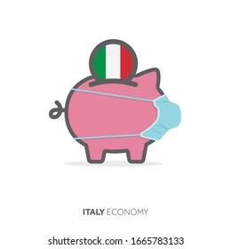 Italy healthcare savings. Piggy bank with medical face mask