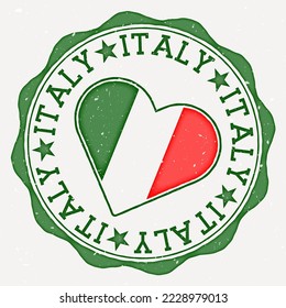 Italy heart flag logo. Country name text around Italy flag in a shape of heart. Artistic vector illustration.