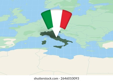 Italy Highlighted on Europe Map with Flag Icon. Detailed Vector Design.