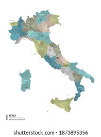 Italy higt detailed map with subdivisions. Administrative map of Italy with districts and cities name, colored by states and administrative districts. Vector illustration.