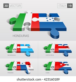 Italy and Honduras, Nicaragua, Costa Rica, Panama, Cuba Flag. 3d vector puzzle. Set 19.