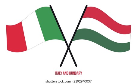 Italy and Hungary Flags Crossed And Waving Flat Style. Official Proportion. Correct Colors.