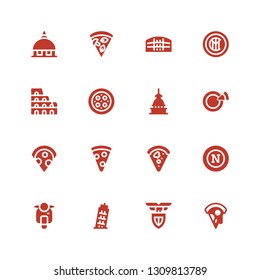 italy icon set. Collection of 16 filled italy icons included Pizza, Lazio, Pisa, Vespa, Napoli, Pizza slice, Mole antonelliana, Colosseum, Internazionale milano, Pula arena, Vatican