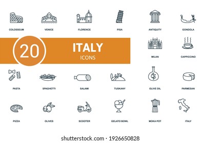 Italy icon set. Contains editable icons italy theme such as venice, pisa, gondola and more.