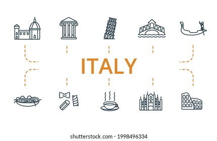 Italy icon set. Contains editable icons italy theme such as pisa, gondola, cappuccino and more