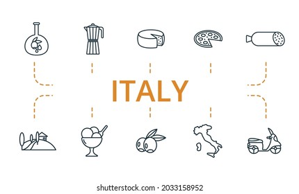 Italy icon set. Contains editable icons italy theme such as parmesan, olives, gelato bowl and more.