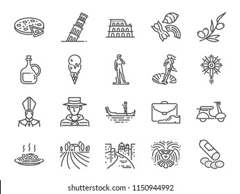 Italy icon set. Included icons as Venice, Gondola, Pizza, Olive oil, Salami, Italian food and more.