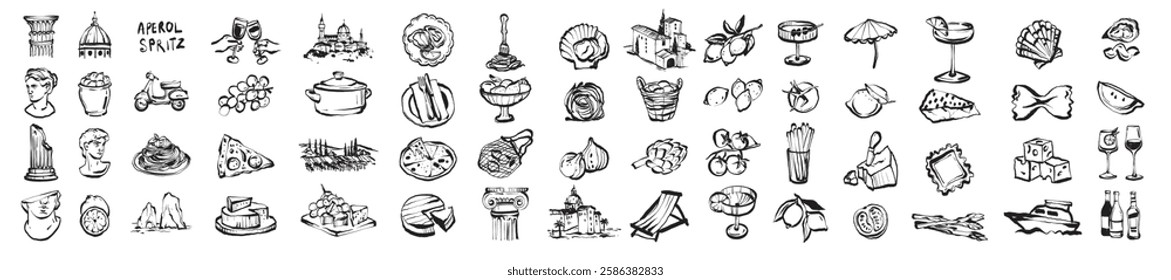 Italy icon vector set, hand drawn Italian traditional culture doodle, landmark object illustration. Eatery menu brushstroke sign, summer vacation trendy print, wine glass, pasta. Italy icon food kit