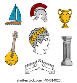 Italy icons with bust of Julius Caesar emperor, ancient roman helmet, antique column and vase, mandoline, venetian Rialto bridge and yacht. Colorful sketch icon for travel design