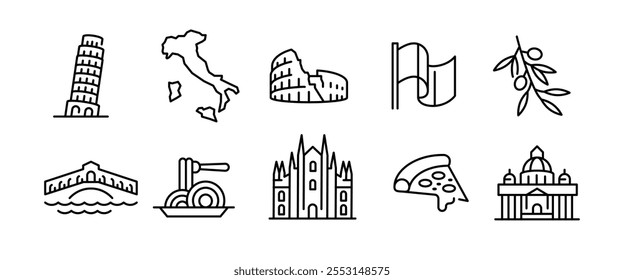 Iconos de Italia. Conjunto de 10 iconos minimalistas de moda que representan símbolos icónicos de Italia. Ejemplo: Torre de Pisa, Coliseo, Góndola, Rebanada de pizza, espagueti. Perfecto para guías de viaje. Ilustración vectorial