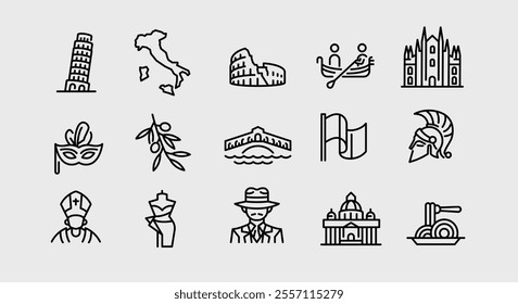 Italy icons. Set of 15 trendy minimal icons representing iconic symbols of Italy. Example: Leaning Tower of Pisa, Vespa, Coliseum, Gondola, Pizza slice. Perfect for travel guides. Vector illustration