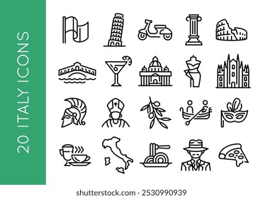 Italien-Symbole. Set von 20 trendigen Minimalsymbolen, die ikonische Symbole Italiens darstellen. Beispiel: Schiefer Turm von Pisa, Vespa, Kolosseum, Gondel, Pizzaschnitt. Perfekt für Reiseführer. Vektorgrafik