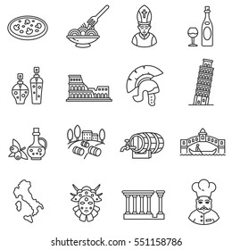 Italy icons set. Tourism and attractions, thin line design. Symbols of the country. isolated vector illustration.