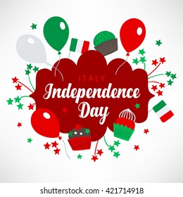 Italy Independence Day greeting card with flags, cupcakes, fireworks and balloons in national colors. Perfect for Italian Republic holiday greetings. Vector illustration