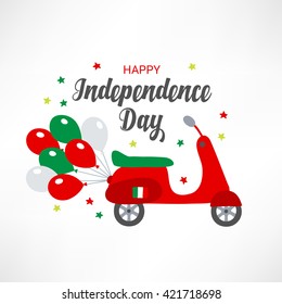 Italy Independence Day greeting card with stars, balloons and scooter in national colors. Perfect for Italian Republic holiday greetings. Vector illustration