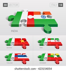 Italy and India, Vietnam, Iran, Thailand, Myanmar Flag. 3d vector puzzle. Set 10.