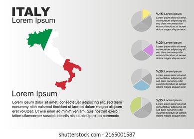 Italy infographic general use vector template with pie chart, copy space statistics idea, Italy country flag map with graphic, presentation idea, blank area graph for data, grey background