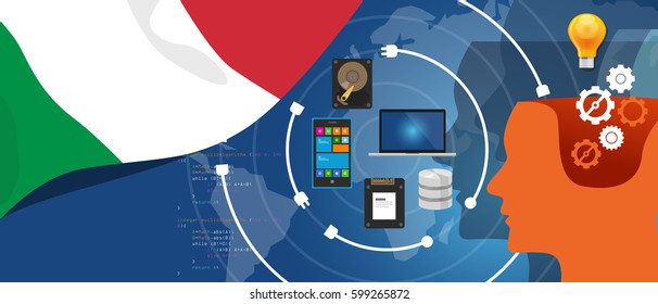 Italy IT information technology digital infrastructure connecting business data via internet network using computer software an electronic innovation