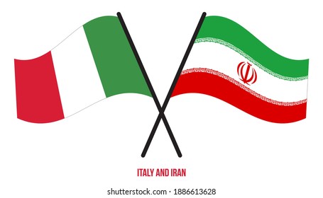 Italy and Iran Flags Crossed And Waving Flat Style. Official Proportion. Correct Colors.