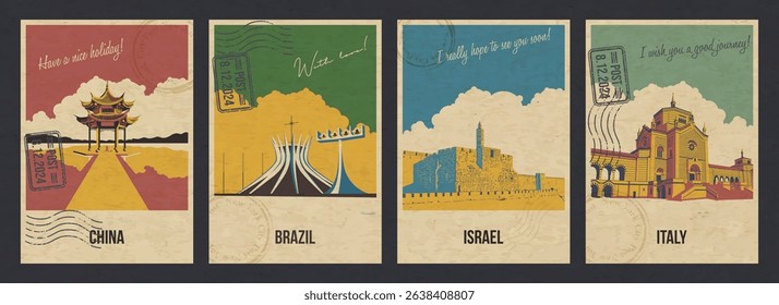 Italy, Israel, China, Brazil Main Attractions Postcards, Milan Monumental Cemetery, Jerusalem Tower of David, Jixian Pavilion, Cathedral of Brazil Illustrations. Vector Templates Retro Style Posters