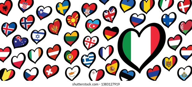 Italy italia italian flag and different countries flags with heart flags. For Europe, eurovision music song festival, contest. Music songs for vision dreams. Vector euro. Winnar 2021, Torino 2022