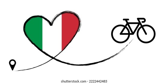 Italy, Italian flag banner World Bicycle day. Bicycle race tour italy. Sport icon Cyclist t shirt Cycling symbol. Vector bike. Sports. Italia logo. Pin location, Pointer or point trekking route.