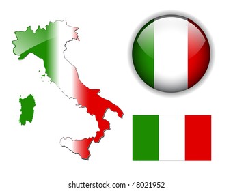 Italy, Italian flag, map and glossy button, vector illustration set.