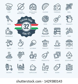 Italy, Italian Food, Italian Cuisine - Minimal Thin Line Web Icon Set. Outline Icons Collection For Menu, Restaurant, Coffee House, Pizzeria. Simple Vector Illustration.