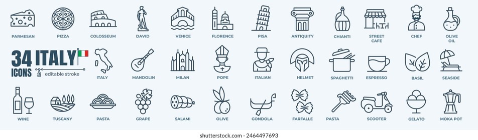 Italy and italian food minimal thin line web icon set. Outline editable icons collection. Simple vector illustration.