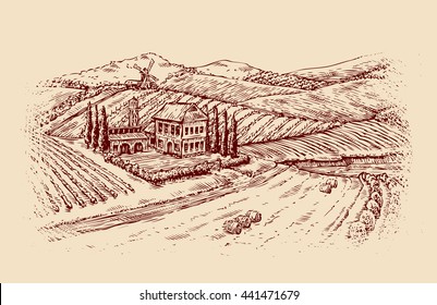 Italy. Italian landscape. Hand drawn sketch vintage vineyard, farm. Vector illustration