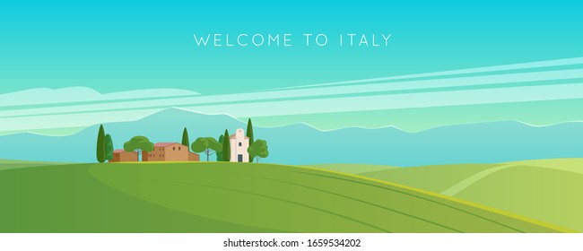 Italy. Italian Landscape. Wide Panorama Rural Countryside In Spring Or Summer. Meadows, Mountains And Houses. Vector Illustration