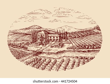 Italy. Italian rural landscape. Hand drawn sketch vintage vineyard, farm, agriculture, farming. Vector illustration