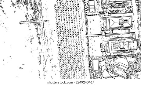 Italy, Jesolo. Beach, top view. Lido di Jesolo, is the beach area of the city of Jesolo in the province of Venice. Doodle sketch style. Aerial view