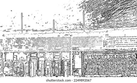 Italy, Jesolo. Beach, top view. Lido di Jesolo, is the beach area of the city of Jesolo in the province of Venice. Doodle sketch style. Aerial view