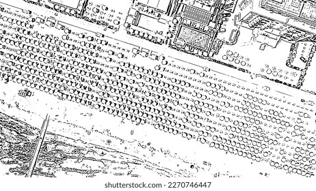 Italy, Jesolo. Beach, top view. Lido di Jesolo, is the beach area of the city of Jesolo in the province of Venice. Doodle sketch style. Aerial view
