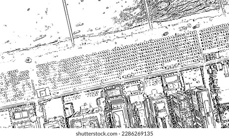Italy, Jesolo. Beach, top view. Lido di Jesolo, is the beach area of the city of Jesolo in the province of Venice. Doodle sketch style. Aerial view