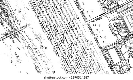 Italy, Jesolo. Beach, top view. Lido di Jesolo, is the beach area of the city of Jesolo in the province of Venice. Doodle sketch style. Aerial view