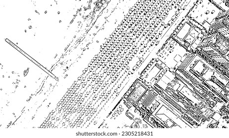 Italy, Jesolo. Beach, top view. Lido di Jesolo, is the beach area of the city of Jesolo in the province of Venice. Doodle sketch style. Aerial view