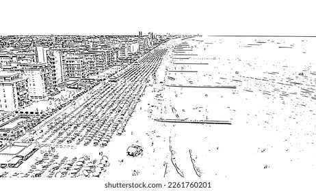 Italy, Jesolo. Lido di Jesolo, is the beach area of the city of Jesolo in the province of Venice. Doodle sketch style. Aerial view