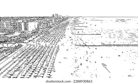 Italy, Jesolo. Lido di Jesolo, is the beach area of the city of Jesolo in the province of Venice. Doodle sketch style. Aerial view