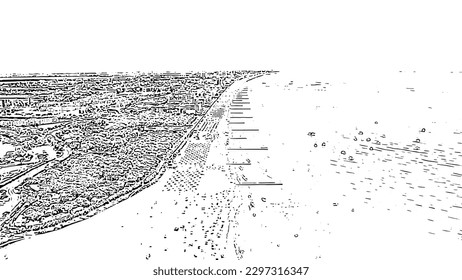 Italien, Jesolo. Lido di Jesolo ist das Strandgebiet der Stadt Jesolo in der Provinz Venedig. Doodle-Sketch-Stil. Luftbild