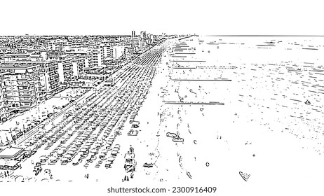 Italien, Jesolo. Lido di Jesolo ist das Strandgebiet der Stadt Jesolo in der Provinz Venedig. Doodle-Sketch-Stil. Luftbild