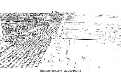 Italien, Jesolo. Lido di Jesolo ist das Strandgebiet der Stadt Jesolo in der Provinz Venedig. Doodle-Sketch-Stil. Luftbild