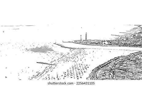 Italy, Jesolo. Light House Faro di Piave Vecchia. Lido di Jesolo, is the beach area of the city of Jesolo in the province of Venice. Doodle sketch style. Aerial view