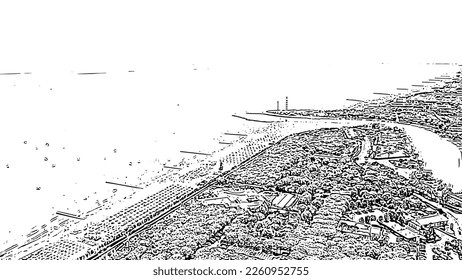 Italy, Jesolo. Light House Faro di Piave Vecchia. Lido di Jesolo, is the beach area of the city of Jesolo in the province of Venice. Doodle sketch style. Aerial view
